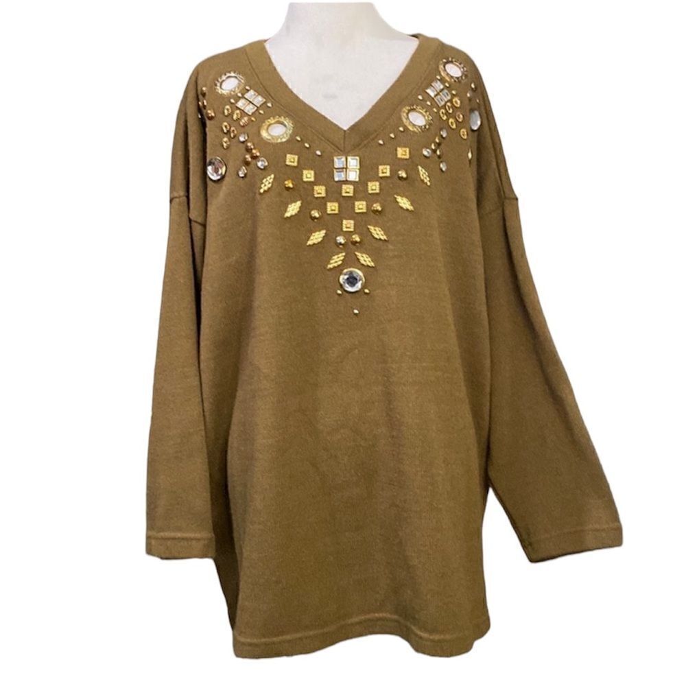 Vintage Bonnie USA Army Green V-neck Pullover Tunic Sweater